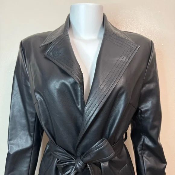Black faux leather lapel collar belted open front trench coat - Picture 3 of 15